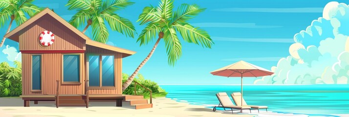 Vector illustration of beautiful scenic landscape of tropical sea beach.