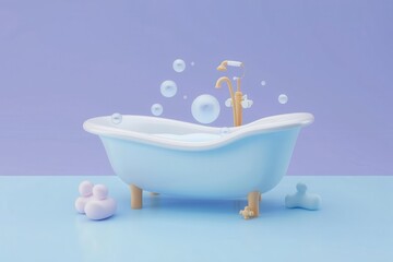 A 3D illustration of a whimsical bathtub set on a purple-blue gradient background with bubbles
