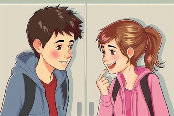 An illustrated scene of a male and female student standing by their school lockers, with their faces purposely blurred