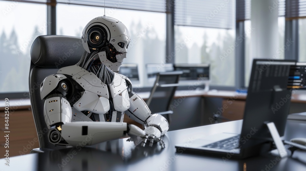 Aufkleber a robot is sitting at a desk in front of a laptop computer