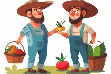 Smiling cartoon farmers share a carrot, showcasing themes of agriculture, trade, and friendship in rural settings
