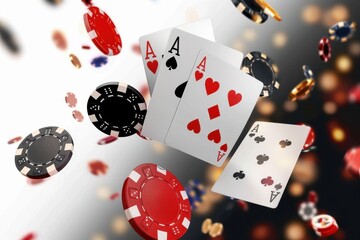 Obraz premium Dramatically scattered aces and casino poker chips with a bokeh light effect enhancing the excitement