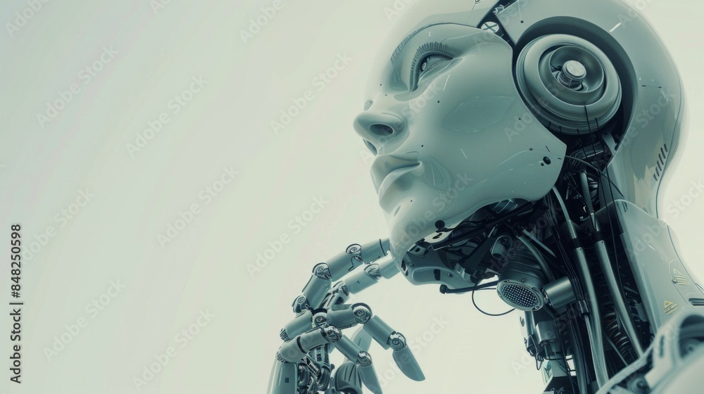Poster a robot with a face and hands is looking up at the sky