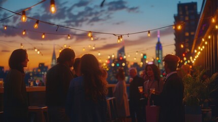 Urban rooftop party at sunset with city skyline and fairy lights. People enjoying gatherings with a beautiful view.
