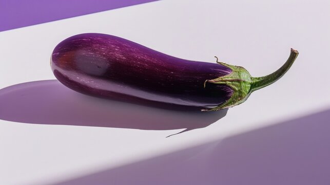 Eggplant on white surface with purple shadows, minimalist style. This photo highlights the simplicity and elegance of the vegetable's form.