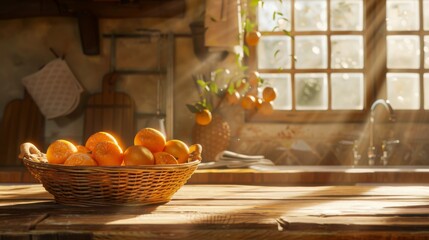 Warm morning sunlight on a rustic kitchen with a basket of fresh oranges