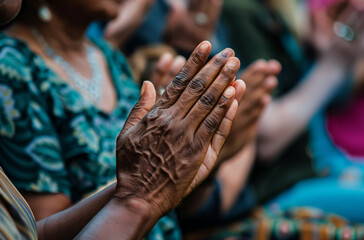 Vivid close-up of African hands united in prayer, showcasing cultural details and a sense of community