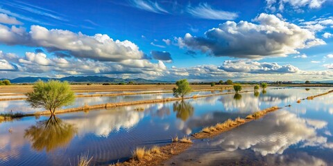 Calm rural landscape with a flooded field under a blue sky with fluffy clouds in Ebro Delta, Tarragona, Catalonia