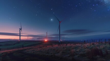 Obraz premium Wind turbines at dusk with starry sky background. Amazing night landscape. Renewable energy source in rural area. Beautiful evening view.