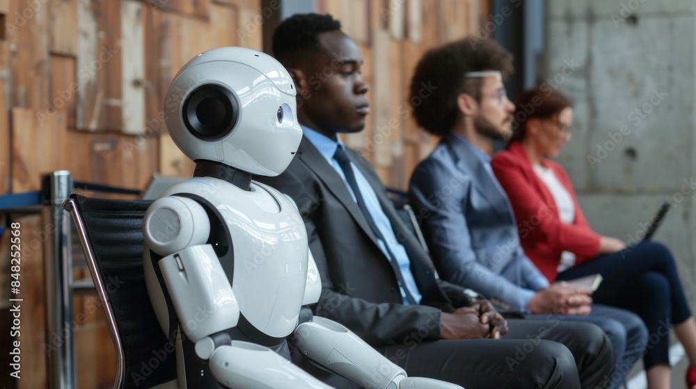 Poster a robot is sitting on a chair in front of a group of people