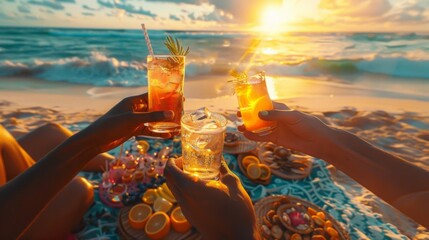 Friends toasting with drinks at beach during vibrant sunset, enjoying summer moment