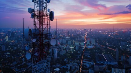 Antenna communication technology is showcased against a city background highlighting a communication tower connected to data of a smart city for telecommunication and digital