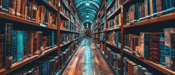A long, narrow aisle of a library filled with tall bookshelves, stacked with books, leading to a distant arched ceiling
