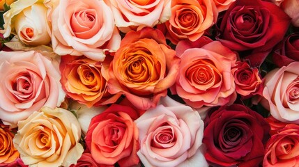 Fototapeta premium Close up view of vibrant roses arranged in a pile