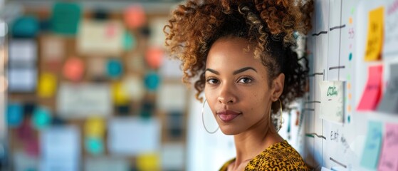 Close-up view of a Black female marketing strategist developing a comprehensive plan on a whiteboard in a colorful creative space