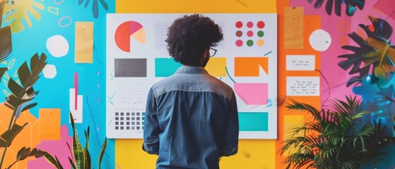 Rear view of male marketing strategist developing comprehensive plan on whiteboard in colorful creative space
