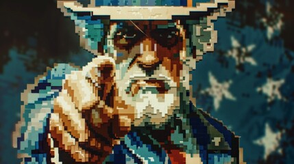 Macro shot of a pixelated Uncle Sam figure, pointing in classic recruitment poster style 