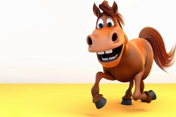 An animated horse with a comically large smile running joyfully on a yellow background
