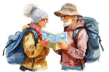 Two backpackers are depicted consulting a map, indicative of planning or teamwork in an outdoor setting