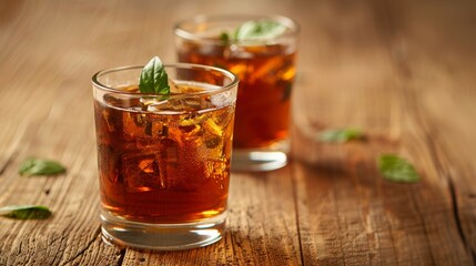 Fototapeta premium Refreshing iced tea with mint leaves on wooden table