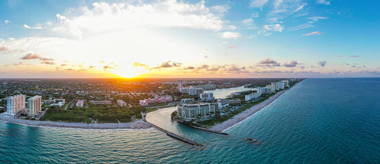 Beautiful aerial panoramic shot of Boca Raton, Florida at sunset. Ocean and landscape.