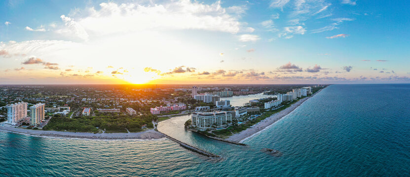 Beautiful aerial panoramic shot of Boca Raton, Florida at sunset. Ocean and landscape.