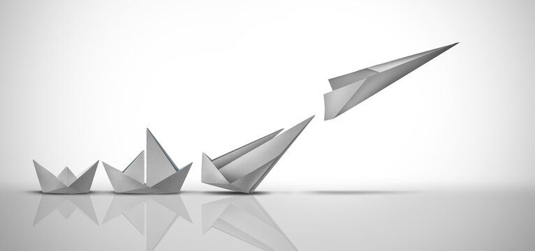 Innovation And Breakthrough Progress as a Business Development Concept and growth strategy or taking off success as a motivational metaphor for adaptation and freedom
