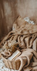 Obraz premium Cozy Home Interior Scene with Warm Blankets, Open Book, and Flowers in Wicker Basket