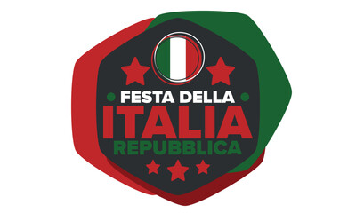 Italia. Festa della Repubblica Italiana. Text in italian: Italian Republic Day. Happy national holiday. Celebrated annually on June 2 in Italia. Italy flag. Patriotic design. Vector poster
