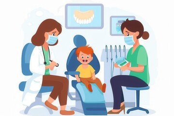 An animated representation of a child at the dentist's office for a check-up with two dental professionals