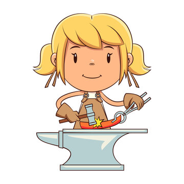 recommend clip art: Girl blacksmith forging metal on anvil