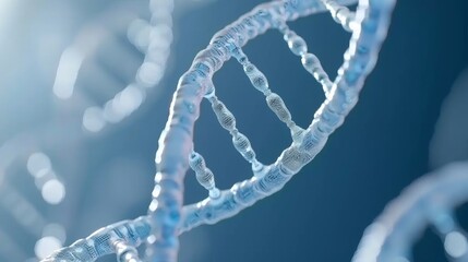 Close-up view of a glowing DNA molecule structure on blue background