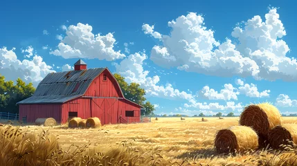 Naadloos Fotobehang Airtex A colorful cartoon illustration of a farm scene featuring a red barn, straw bales, and hay piles under a bright blue sky with fluffy clouds. The image captures the essence of rural farm life © Ekaterina