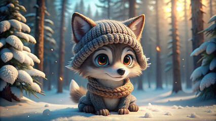 сute cartoon realistic character, cute little wolf cub, in a winter knitted hat, with big kind...