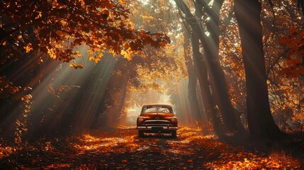 A vintage car driving on dirt road in countryside with colorful Autumn woods
