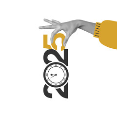 New Year collage, poster female hand holding text 2025, design templates. For holiday and season decoration. backgrounds for branding, banner.