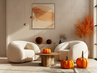 Embrace the autumn charm of a living room, complete with a sofa and festive pumpkins