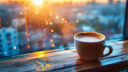 Obraz premium A freshly brewed cup of coffee on a wooden windowsill, the morning city outside the window, warm rays of the sun
