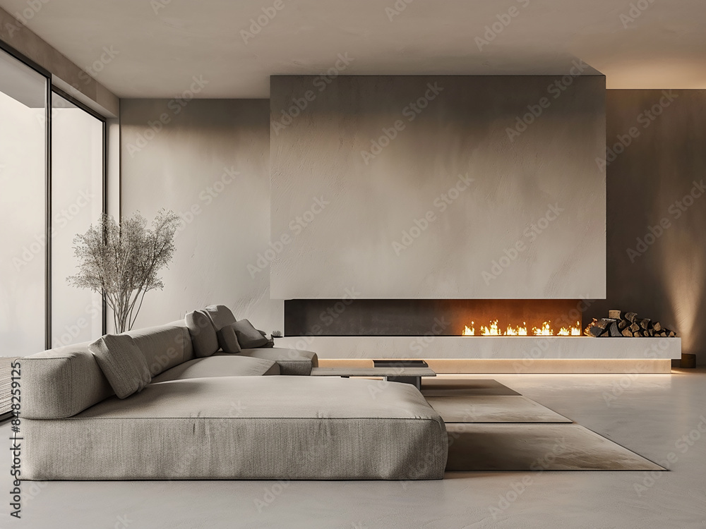 Wall mural elegant living room with a gray sofa, tables, and a commode