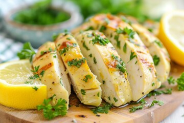 Succulent grilled chicken breast with lemon and parsley