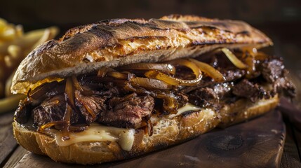 Juicy steak sandwich featuring caramelized onions and melted cheese, emphasizing savory flavors and gourmet appeal. Perfect for food and culinary photography