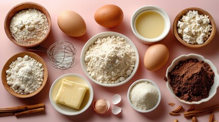 A collection of baking ingredients displayed on a solid color background The items include flour sugar eggs butter and baking powder The background color is warm and inviting creating a cozy and