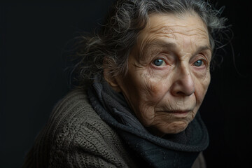 Obraz premium Face old sad elderly woman with wrinkled face in front of black background