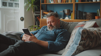 Relaxed Modern Living: Middle-Aged Man Unwinds with Mobile Phone, Falls Asleep in Cozy Home Interior