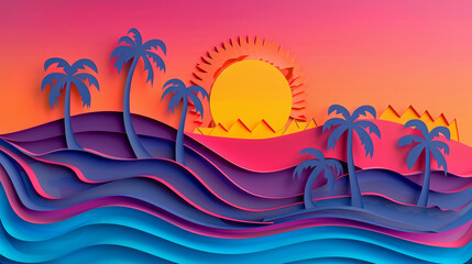 Tropical palm tree cut paper art with purple and orange