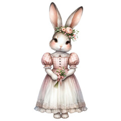 Fototapeta premium Adorable bunny in pink dress, perfect for whimsical and cute themes.