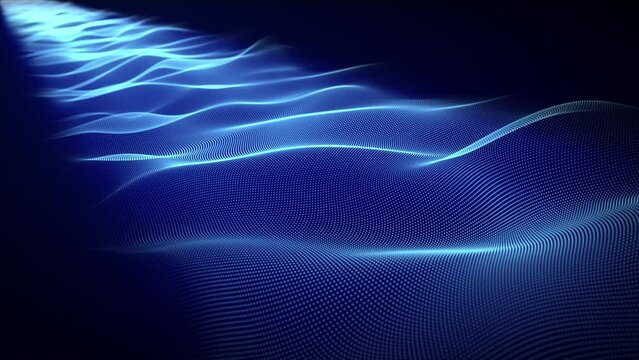 Light blue wave stream smoothly floating on a dark background with soft glow effect. Elegant motion graphics with wavy path of liquid flow, smooth and silky shine effect. Seamless vj loop , 4k 60 fps