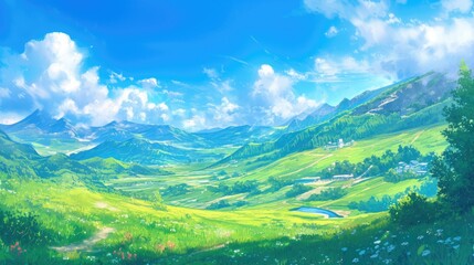 Naklejka premium Rolling green hills lush meadows and towering mountains set against a backdrop of a vast blue sky showcasing the untamed beauty of nature in summertime