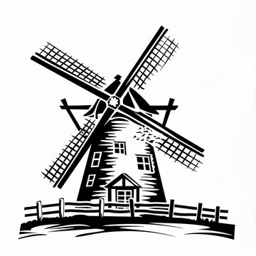 recommend clip art: Line art drawing of traditional windmill over white background.