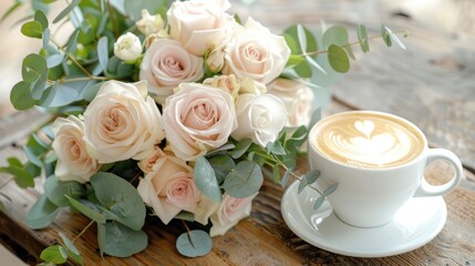 A beautiful bouquet of dusty pink roses with a cappuccino on a wooden table